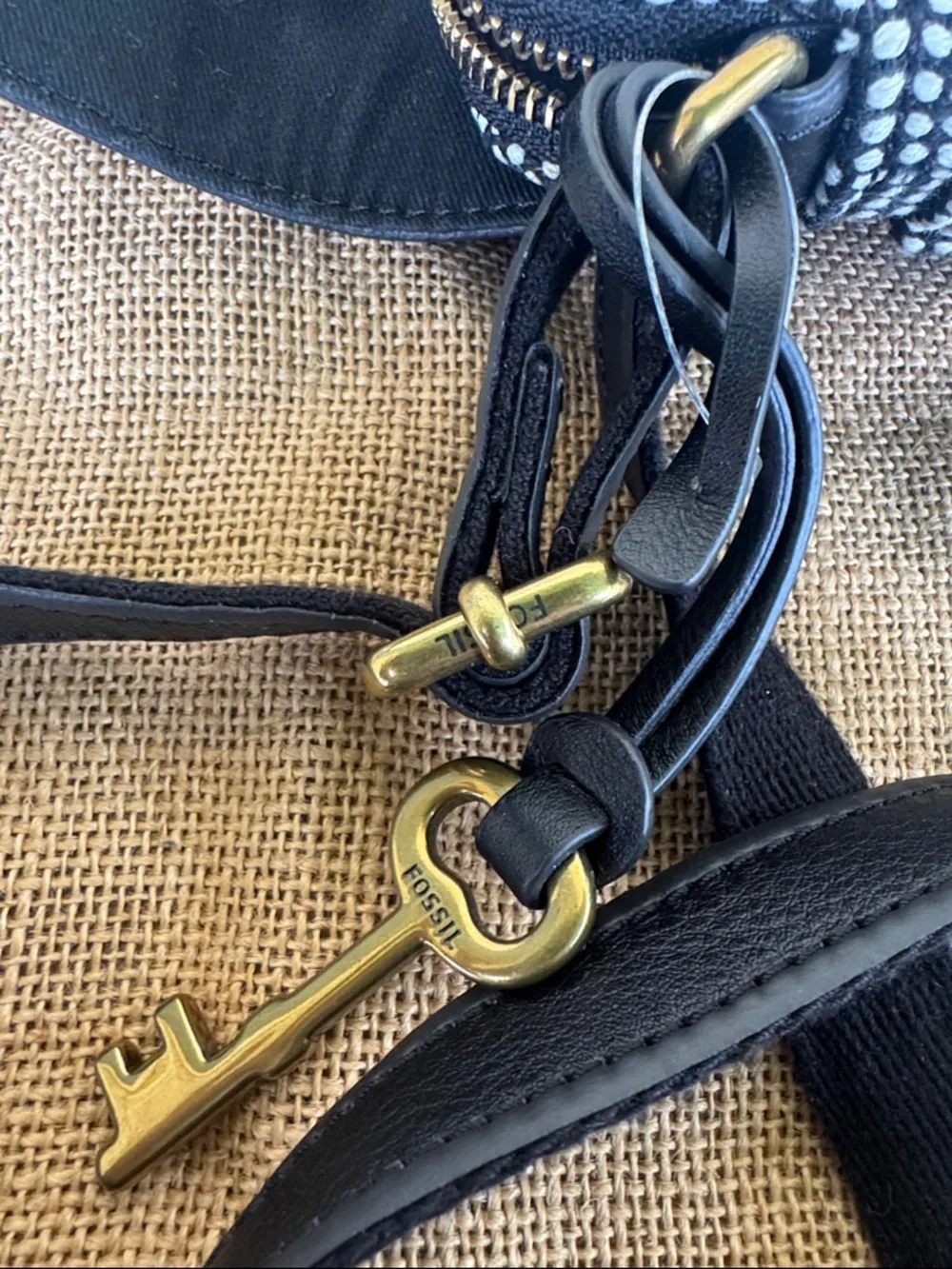 Fossil Black Leather Crossbody with Black & White Pattern NWOT